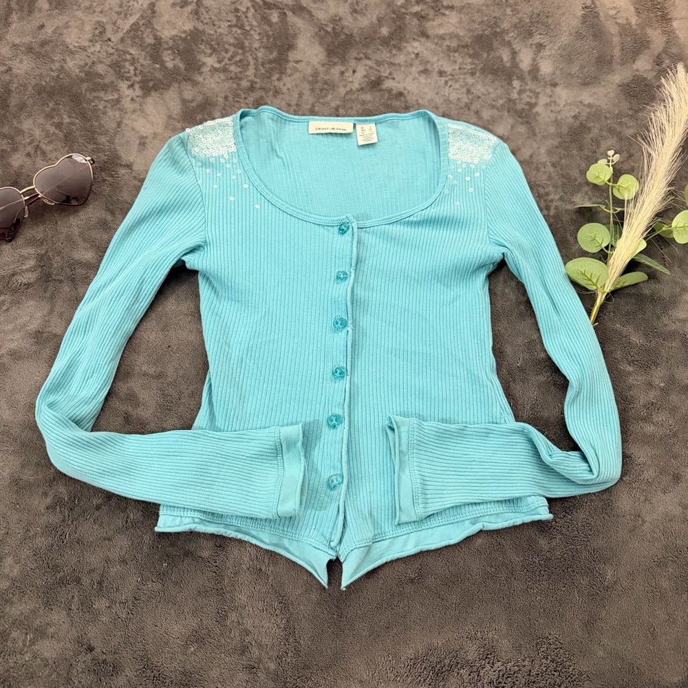 Y2K DKNY Blue Button-Up Cardigan Sequin Detail Sz S